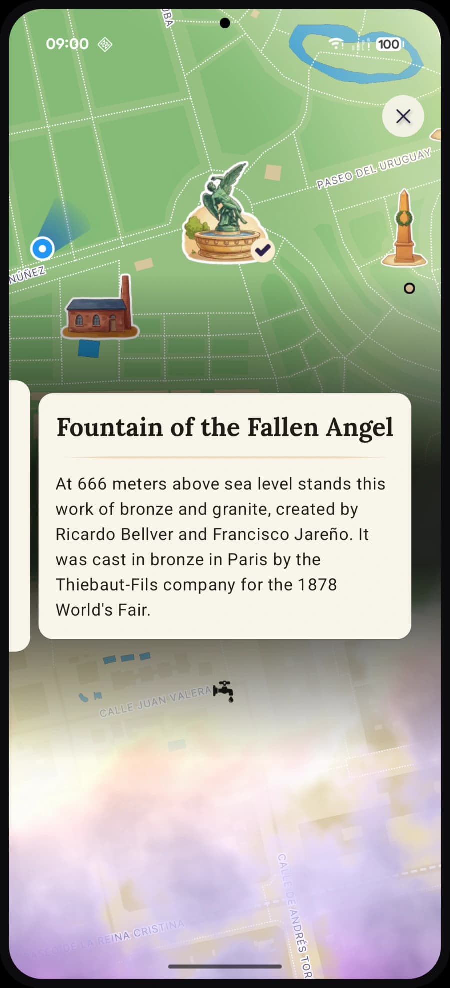 Waonder revealing a discovered place card for the Fountain of the Fallen Angel on the map