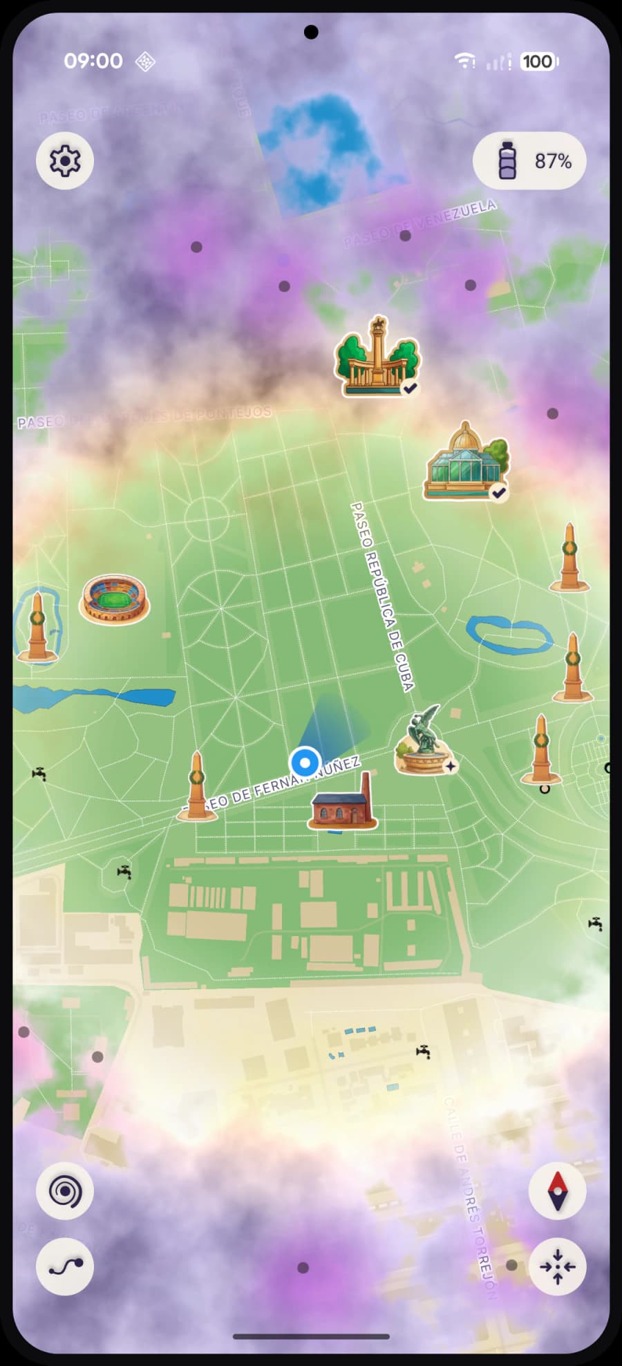 Waonder app map view with whimsical landmark icons revealed across the city